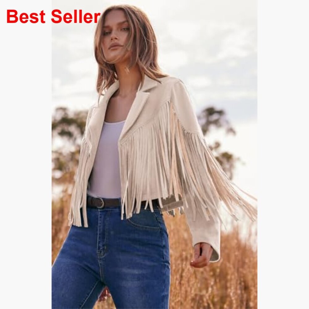 Faux Suede Fringe Motorcycle Cropped Jacket with Tassel Design - Picture 3 of 7